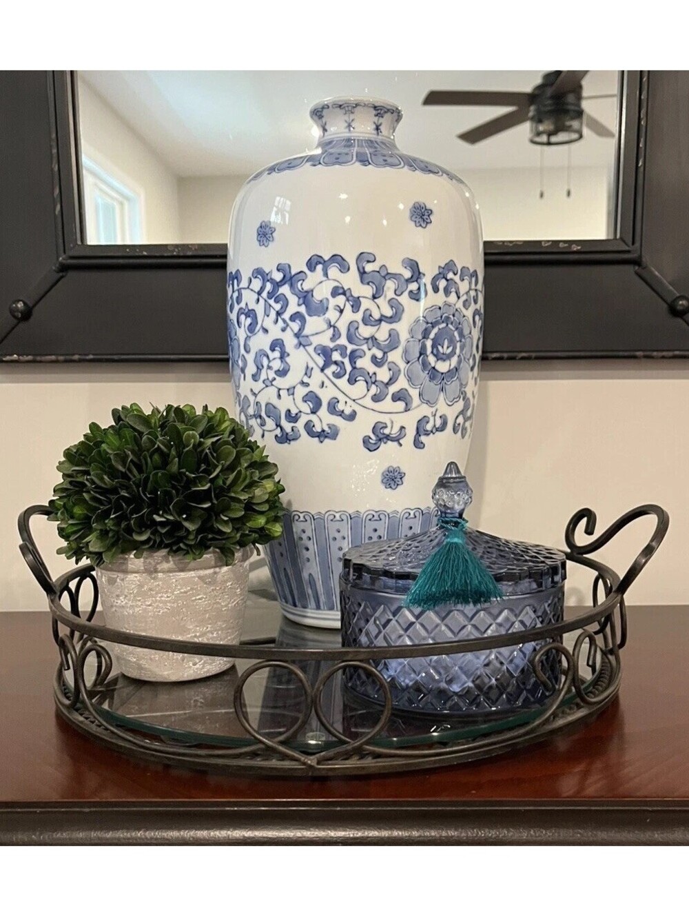 Blue White Vase Large Vintage Asian Chinoiserie Traditional Decor 14.5” Tall